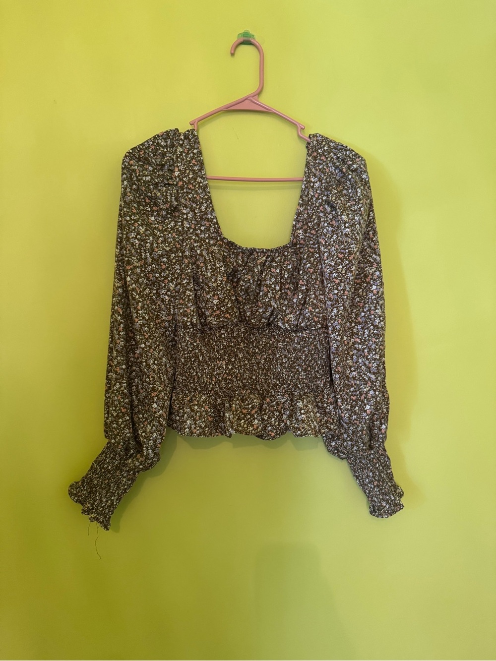 Brown Floral Boho Peasant Puff sleeve top